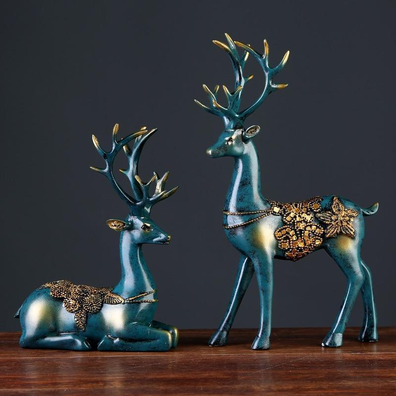 Style européen 2 pièces figurine de cerf en résine Statue Décoration de salon Maison Artisanat Sculpture Cadeaux créatifs Ornement de bureau moderne