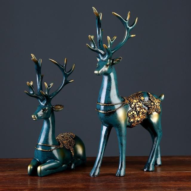 Style européen 2 pièces figurine de cerf en résine Statue Décoration de salon Maison Artisanat Sculpture Cadeaux créatifs Ornement de bureau moderne