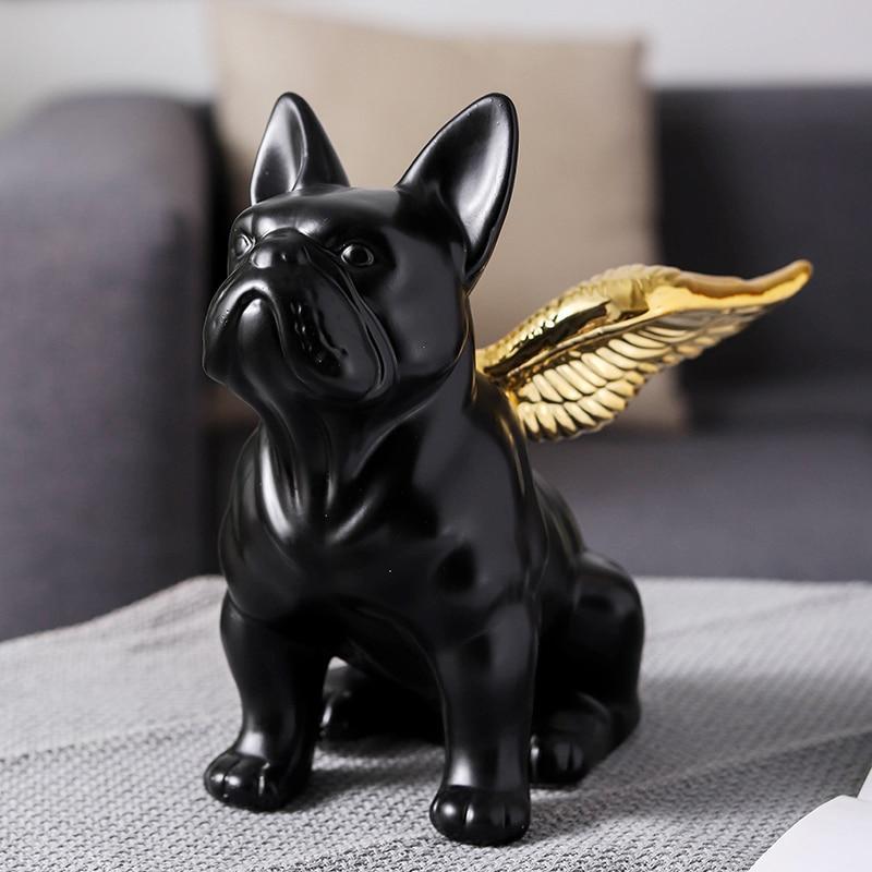 Statue Bouledogue Français Animaux Ailes Dorées Sculpture d'Art Chien Noir Céramique Artisanat Décoration Maison Nordique Moderne Ornement R4312