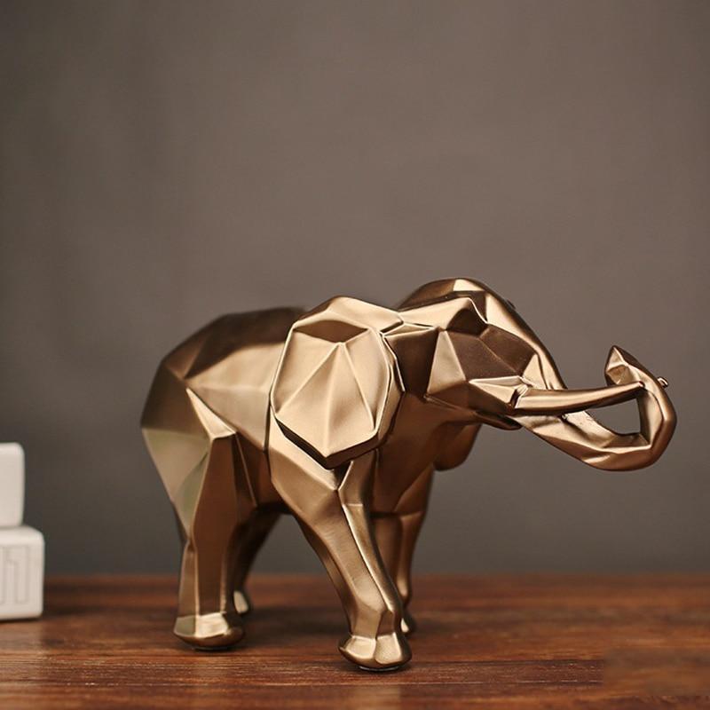 Statue d'éléphant doré abstrait tendance, ornements en résine, accessoires de décoration d'intérieur, cadeau, artisanat de sculpture d'éléphant géométrique pour pièce